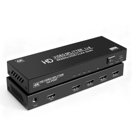 4K@60Hz HDMI Splitter 1 in 4 Out,Dual Power Supply DC5V1A+USB-C Powered,HDMI2.0,Auto Downscaling,4K 1080P Sync,HDR10,3D18Gbps,Mirror Only Not Extend,1 Source to 4 Screens for PS5HDTV,Laptop,Projector