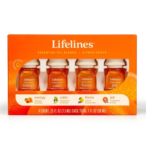 Lifelines "Citrus Grove" Essential Oil Blend 4-Pack, Orange & Lemon Oils for Diffuser, 100% Pure Essential Oils and Sustainably Sourced Botanicals, All Natural, 7.5 ML Bottles