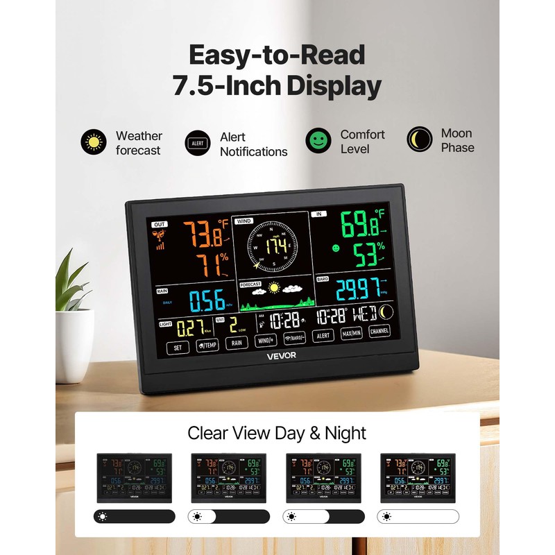 VEVOR 7-in-1 Wireless Weather Station, 7.5-Inch VA Display, Solar Powered