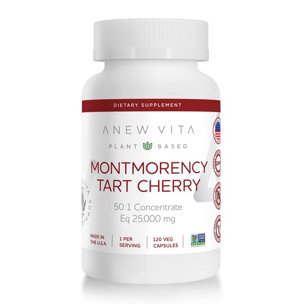 Anew Vita Montmorency Tart Cherry | Muscle Recovery | CherryPure 50:1 Concentrate eq. 25,000 mg | 120 Vegetable Capsules | Plant Based | Gluten Free | Made in USA