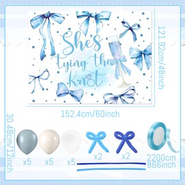 Blue She is Tying The Knot Backdrop Banner Blue Bridal Shower Decor Pink Bow Banner Garland Coquette Bachelorette Party Decorations