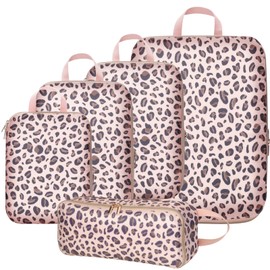 Cambond Compression Packing Cubes for Suitcases - 5 Set Packing Cubes for Travel Expandable Luggage Packing Organizers with Underwear Bag, Leopard Print Rose Gold