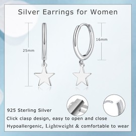 Glintara 925 Sterling Silver Hoop Earrings, Silver Star Drop Hoop Earrings for Women, Minimalist Star Drop Huggie Hoop Earrings, Hypoallergenic Dangle Hoop Earrings with Star Dangling Jewelry Gifts