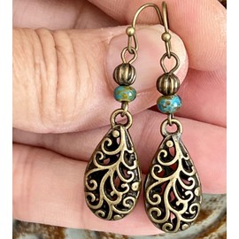 Etched Bronze Teardrop and Teal Bead Earrings. Jewelry Earrings for Women #3298FE3406