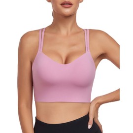 As Fariy Women's Cloud Longline Sports Bra Scoop Neck Spaghetti Straps Training Bra Yoga Crop Tank Top, pink