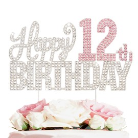 Nelbiirth Decoración para tartas con diamantes de imitación plateados y rosados para cumpleaños 12 - Letrero de metal brillante para decoración de tartas con texto en inglés "Cheers to 12 years Old Doce Bday"