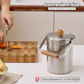 WAGENSTEIGER Kitchen Countertop Compost Bin 101ounces / 3Liters with Airtight Lid, SUS304 Stainless Steel Odor-Free Food Waste Bin with Wooden Handle Stylish Design/Bathroom Trash Can (Silver)