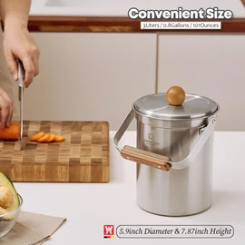 Kitchen Countertop Compost Bin 101ounces / 3Liters with Airtight Lid, SUS304 Stainless Steel Odor-Free Food Waste Bin with Wooden Handle Stylish Design/Bathroom Trash Can (Silver)