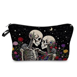 Livel lhood Floral Skeleton Makeup Bag Cute Small Organizer Zipper Pouch Floral Skeleton Lovers Cosmetic Bag Birthday Present for Women Friends