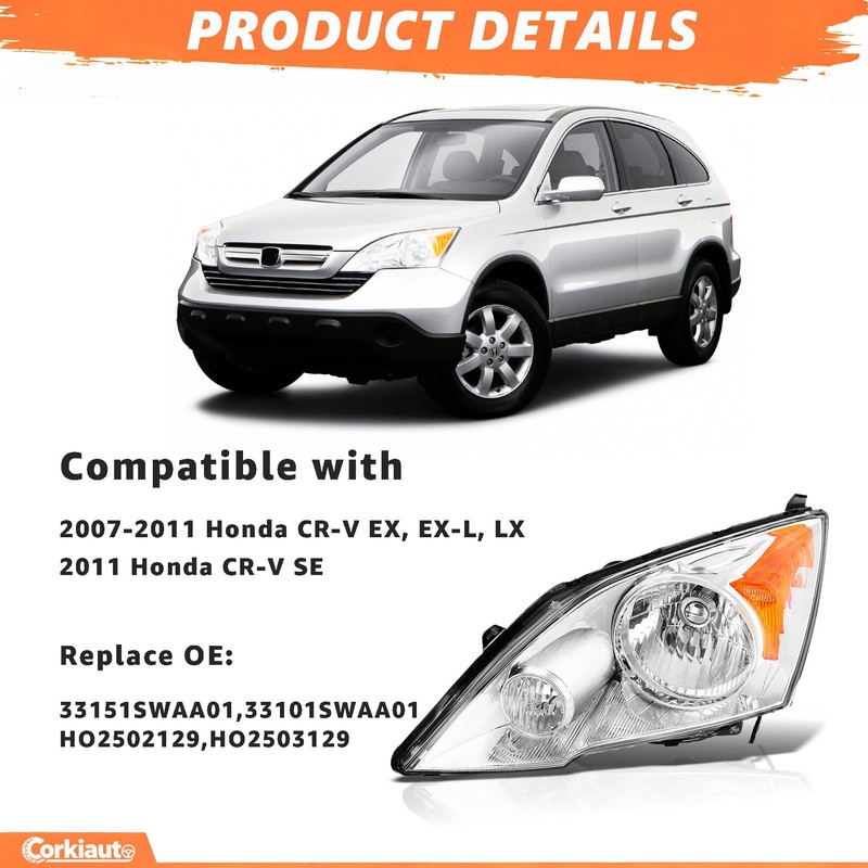 Halogen Headlight Assembly Compatible with 2007-2011 Honda CR-V CRV Front