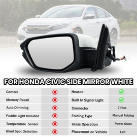MOFOAP Left Driver Side Mirror For 2016 2017 2018 2019 2020 2021 Honda Civic Coupe Touring Mirror with Heated Turn Signal Manual Folding Replace 76258-TBA-A21ZA(White)7Pins