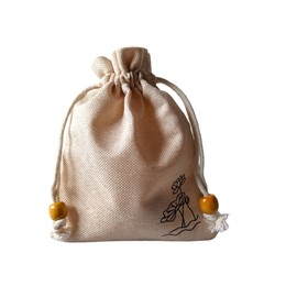 NUTFORD Zen Style Drawstring Burlop Pouch with Real Wood Beads Lotus Print Powder-Leak-proof Lining Suitable for Containing Jewellrey, Dried Herbs, Meditation Accessories, etc. (Large-Cream)