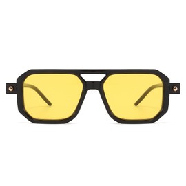 LJCZKA Retro 70s Square Sunglasses for Men and Women, Classic Aviator Glasses, Flat Square with Double Bridge, UV400 Protection, Black Yellow