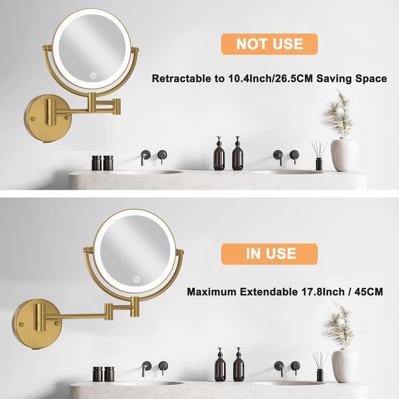 Hardwired Bathroom Makeup Mirror Wall Mount Gold, Double Sided 1/10X