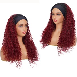 1B/99J Headband Wig Human Hair Deep Wave 12 Inches Ombre Burgundy Human Hair Headband wig None Lace Front Wigs Human Hair Wig for Black Women Wear and Go Wig 150% Density wig（1B/99J,DP,12Inch)