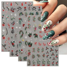 4 Sheets Christmas Nail Art Stickers 5D Embossed Holly Leaf Nail Decals Winter Christmas Tree Elk Snowflake Design Self Adhesive Nail Art Supplies for Women Acrylic DIY Holiday Manicure Decoration