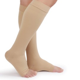 TOFLY Compression Stockings (Pair), Medical Grade Firm Support 20-30mmHg, Opaque, Unisex, Open Toe Knee High Compression Socks for Varicose Veins, Edema, Shin Splints, Nursing, Travel, Beige M