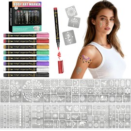 Temporary Tattoo Markers for Skin, 8 Temporary Tattoo Markers + 94 Geometry Tattoo Stencils for Kids Teens, Flexible Brush Tip & Bright Colors Body Marker and Fake Tattoo Stencil Set for Party Favor