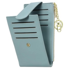 SUIKIHUM Credit Card Slim Wallet for Women and Men, PU Leather Card Holder with Keychain Ring - 14 Slots & 1 ID Window & 1 Zipper Pocket, Blue