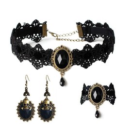 Suoirblss Women Lady Romantic Gothic Lace Velvet Choker Necklace Retro Lolita Bracelet Wristband Earrings Jewelry Set (Black)