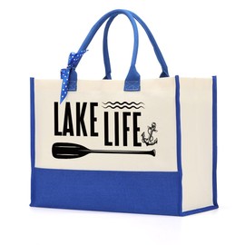 XHK Lake Life Bag, Lake Life Gifts, Lake House Gifts, Lake Life Canvas Tote Bags for Women, Retirement Beach Boat Trip Gifts for Woman, Reusable Grocery Shopping Tote Bags for Women (Bule)