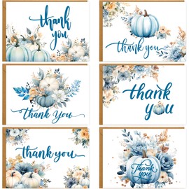 Fall Thank You Cards Blue Pumpkin Note Cards Watercolor Autumn Leaves Cards with Envelopes for Thanksgiving Autumn Baby Shower Wedding Supplies 12 Pcs