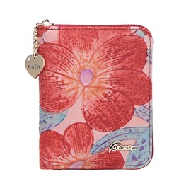 ArtsEye Flower Embossed Genuine Leather Short Zip Around Wallet Clutch Purse (red Mayflower)