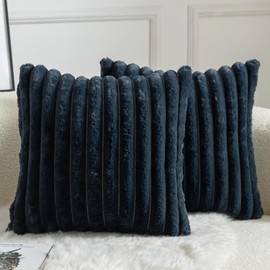 MANDIOO Pack of 2 Decorative Throw Pillow Covers Faux Fur Striped Plush Soft Cushion Covers Pillow Cases Bedroom Living Room Sofa Home 22x22 Inch Dark Blue