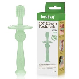 haakaa - Cepillo de dientes de silicona de 360° – 100% silicona suave de grado alimenticio, sin BPA, base de succión, seguro para bebés de 6 meses, limpieza suave de encías y dientes para bebés