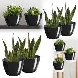 PECZEKO Flower Pot Shiny Plastic Planter Decorative Pot for Large and Small Plants, Set of 2 Flower Pot, Flower Pot Herb Pot, Black, Diameter 9.5 cm