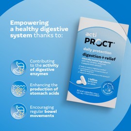 ACTIPROCT Probiotics for Digestion & Gut Health C Clinically Tested 1 Billion CFU with Live Strains, Enzyme and Peppermint Extract C Supports Digestive Comfort & Bowel Movement C 30 Vegan Capsules C ActiProct