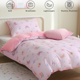 FEKOHIPY Kids Duvet Cover Set Pink Butterfly Children's Bedding 135x200 Girls Flower 3D Print Microfibre Kid Duvet Cover with Zip and 1 Envelope Pillow Case 50x75cm Fairy Child Bed Linen Single