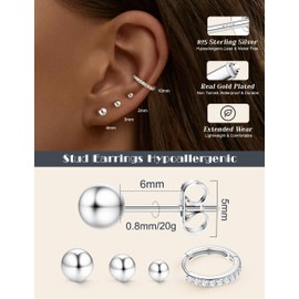 Chriscoco 4Pairs Sterling Silver Stud Earrings For Women Hypoallergenic Gold Studs Earring Sets For Multiple Piercings CZ Dot Flower Heart Earing Small Hoop Earrings Stack