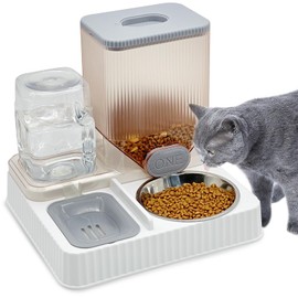 Fhiny Gravity Cat Feeder & Water Dispenser, 2 in 1 Automatic Puppy Waterer Removable Stainless Steel Food Bowls Set Self Feeding Pet Food Storage for Cat Kitten Puppy Easy Clean (Grey)