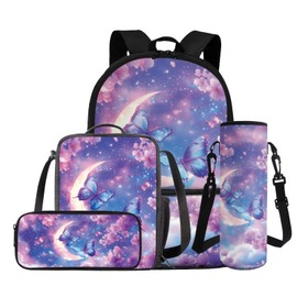YECARYPOD Moon Butterfly Floral Teen Girls Backpack Kids Bookbag and Lunch Box Set 4Piece Middle Elementary School Student Book Bag with Pencil Case Water Bottle Holder with Strap Back to School Bag