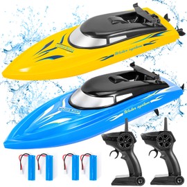 2PACK RC Boat,Remote Control Boats for Kids and Adults,10km/H 2.4G High Speed Remote Control Boat,Fast RC Boats for Pools and Lakes with 4 Rechargeable Battery.(Blue+Yellow)