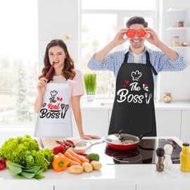 ROSEMO 2 Pack Couples Aprons, The Boss & The Real Boss Cooking Apron, His and Hers Aprons as Valentine's Day Wedding Anniversary Engagement Bridal Shower Gift for Couples and Newlyweds