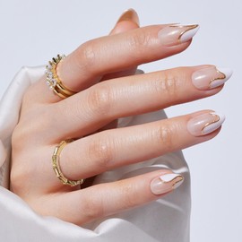 Press On Nails Almond - S.T. Friends French Tip Short with Gold Line Design, Light Weight & Fit Perfectly Nail Tips, Natural Fake Nail with Glue, Reusable Nail Tips in 16 Sizes - 32 Nails Kit