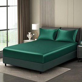 Luowei Satin Fitted Sheet Box Spring Bed 140 x 200 cm Summer Bed Sheet Dark Green Silky Silk Cooling Microfibre Fitted Sheet 140 x 200 cm Soft Machine Washable for High Mattresses up to 25-30 cm