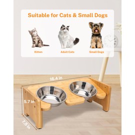 Toozey Elevated Cat Bowls -Double 16 oz Bowls, Sturdy Bamboo15° Tilted Adjustable Raised Cat Bowl Stand with 2 Stainless Steel Bowls and Non-Slip Feet for Cats Feeder