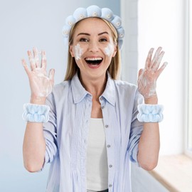 Kit de Banda y Muñequeras Skincare KINGTLE 1PCS Diadema de Maquillaje para Mujer,2PCS Muñequera Lavar Cara,Elegante y Moda,Diadema Facial Spa Adornada con Perlas para Deporte Ducha Compras (Azul)