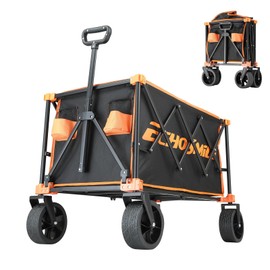 EchoSmile Collapsible Folding Wagon Cart 360lbs, Heavy Duty Garden Utility Cart with All Terrain Wheels, Large Capacity Outdoor Wagon for Camping, Beach, Shopping, Picnic (Black Orange)