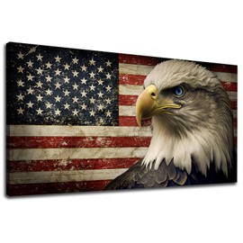 American Flag Canvas Wall Art - Flag of USA with Eagle Pictures for Wall Decor Patriotic Canvas Printing Artwork Vintage Rustic Design for Living Room Home Office Wall Decoration 24" x 48"