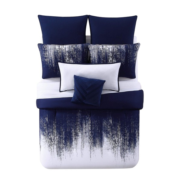 Vince Camuto - Full/Queen Duvet and Sham Set - Abstract Brushstroke Pattern - Lyon Collection - Blue/White