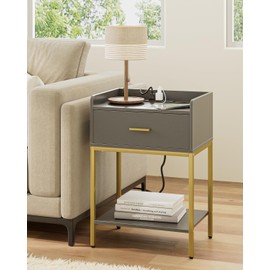 Apetaccat Nightstand with Charging Station,3-Tier Bedside Table for Small Space,Modern Night Stand with Storage Drawer and Shelf,Small Side Table for Bedroom,Living Room,Gray
