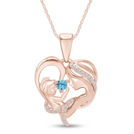 AFFY Round Cut Simulated Aquamarine & White Cubic Zirconia Mom Heart Pendant Necklace in 14K Rose Gold Over Sterling Silver