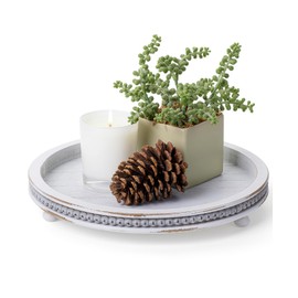 Bamboo Land- Round Decorative Trays for Coffee Table, 12", Light Gray, Wood Tripod & Beaded Design, Wooden Round Tray for Coffee Table