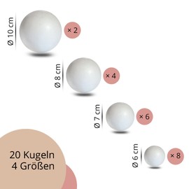 MCE-Commerce A3099320 Polystyrene Ball Mix Pack of 20 in 4 Sizes 2 x 10 cm 4 x 8 cm 6 x 7 cm 8 x 6 cm White