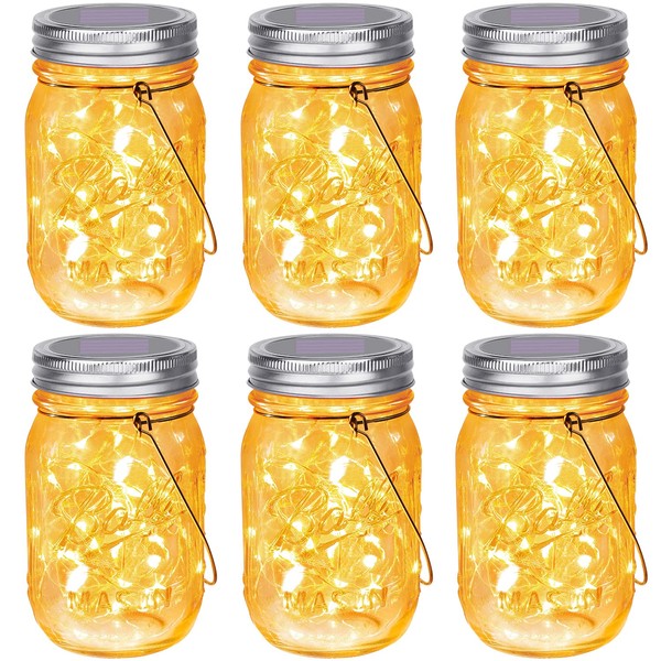 【Upgraded】Hanging Mason Jar Solar Lights, 6 Pack 30 LEDs Fairy Lights with Jars and Hangers, IPX6 Waterproof Hanging Solar Lights Outdoor, Solar Lanterns for Balcony Backyard Garden Fence Decor