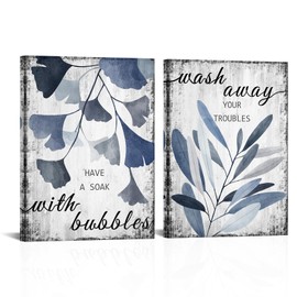 Conipit Botanical Plant Canvas Wall Art Blue Grey Bathroom Pictures Minimalist Boho Leaves Painting For Bathroom Washroom Wall Decor (blue, small)